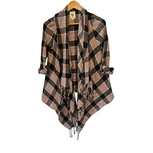 Billabong Plaid Open Front Cardigan S Fringe Draped Boho Lightweight Layer